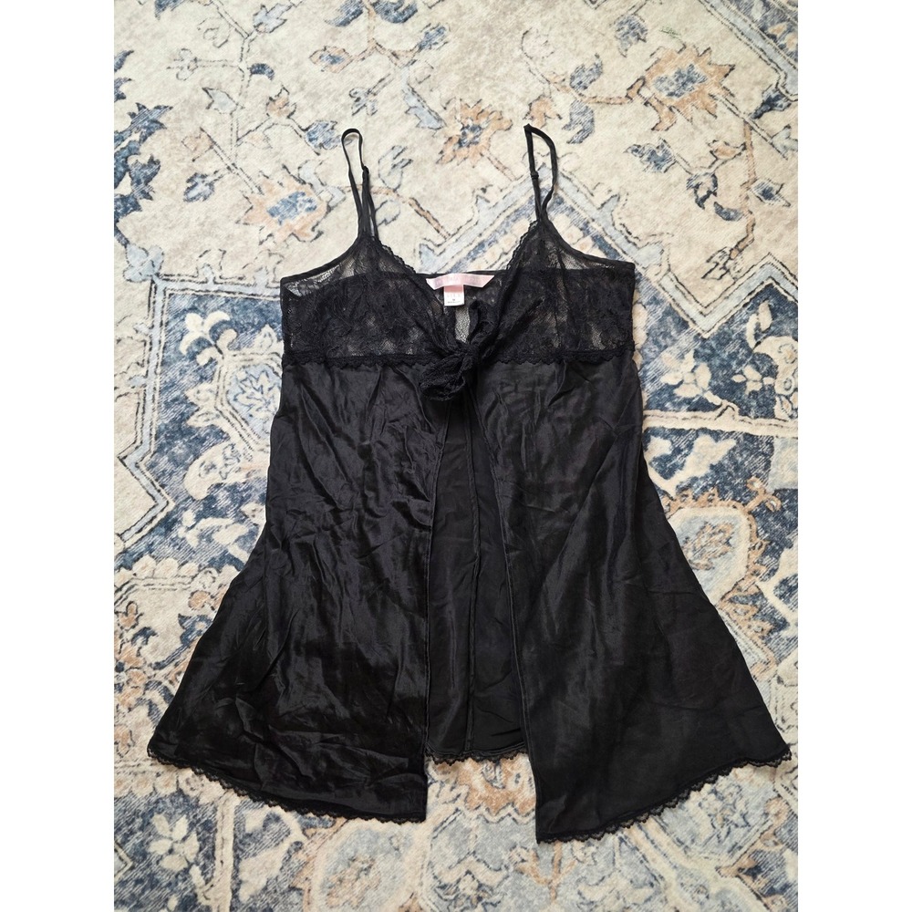 Victoria's Secret Size M Vtg 2001 Black 100% Silk Tie Front Lace Trim Babydoll